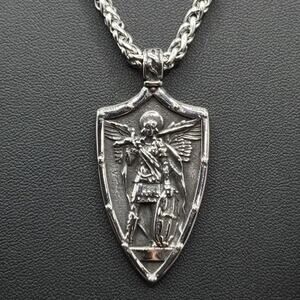 Archangel Saint Michael Necklace Sword Shield Stainless Catholic Christian NEW